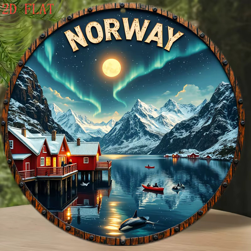 Potdemiel Wandkunst Norwegen Nordlichter Metallschild Skandinavischer Stil, Durchmesser: 20,3 cm, Mehrfarbig - Bild 4