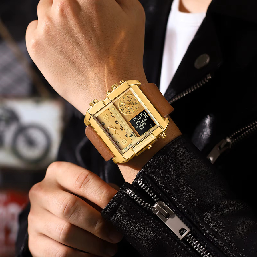 POEDAGAR Digitaluhr, Quarz, Gold, Leder, Herren - Bild 5