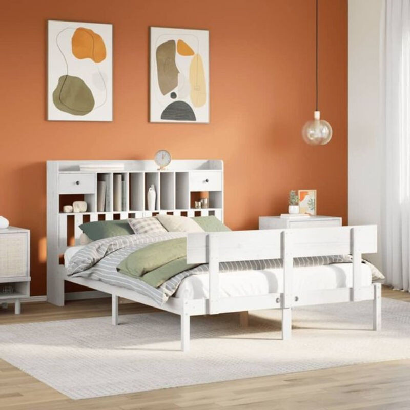 Massivholzbett mit Regal aus Kiefer in Weiß von Vidaxl, B/T/H: 140 x 200 cm - Bild 1