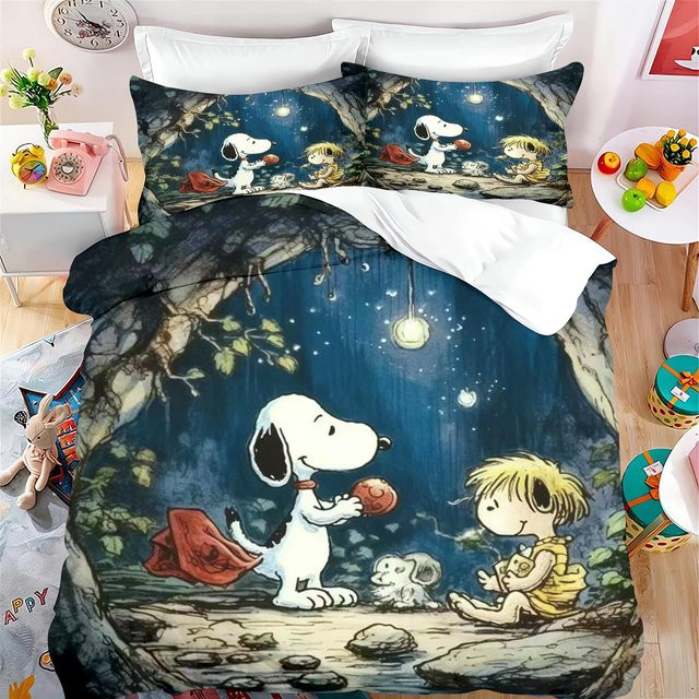 Snoopy Cartoon Bettwäsche Set 3-teilig aus Mikrofaser in Blau mit Bettbezug King Size und Kissenbezügen für Kinder und Teenager - Bild 1
