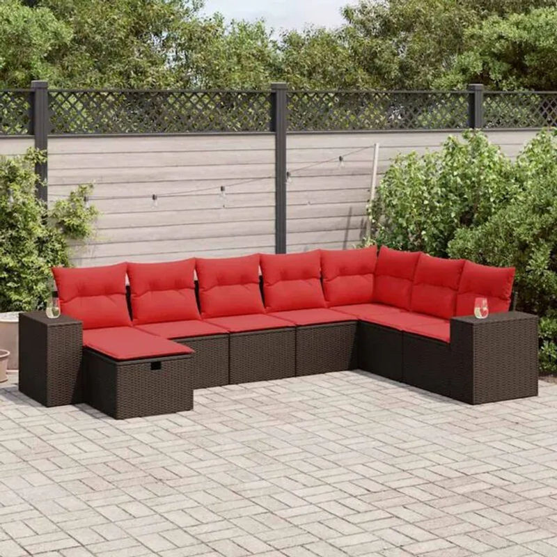 8-tlg. modulare Loungemöbel Garten-Sofagarnitur aus Polyrattan mit Kissen in Braun und Rot von vidaxl - Bild 1