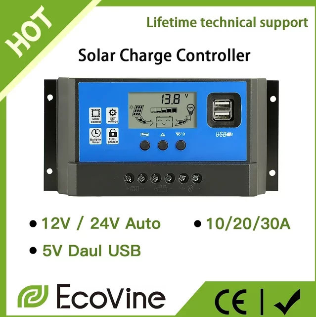 PWM MPPT Solarladeregler für 12V 24V Autobatterien mit USB-Ausgang in Blau, Max. PV 50V DC - Bild 1