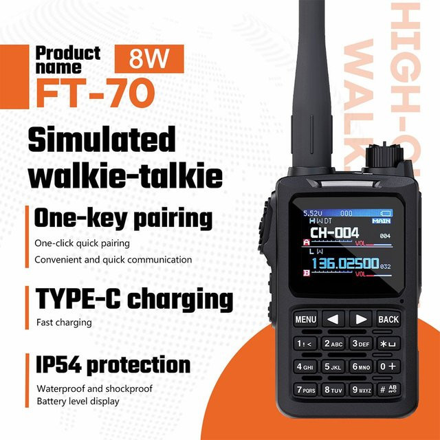 HamGeek FT-70 8W Vollband VHF UHF Funkgerät mit 1,77-Zoll-Display in Schwarz, IP54 wasserdicht - Bild 1