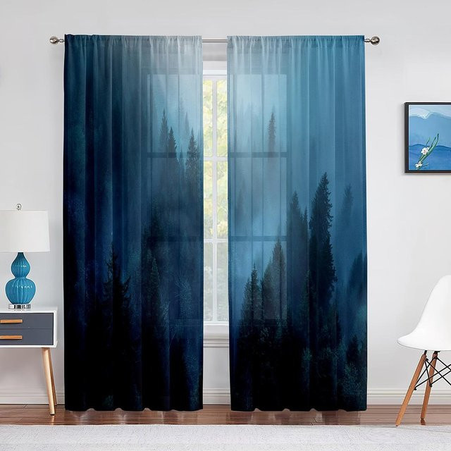 Binchi Outdoor Equipment Transparentes Voile-Tüll-Vorhang mit Wald- und Naturmotiv in Blau, Breite: 100 cm, Höhe: 250 cm - Bild 1
