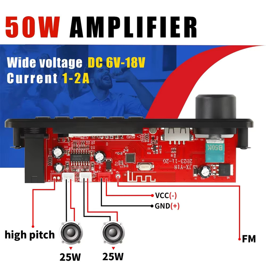 KEBIDU 50W MP3-Dekodierungsboard mit DC 12V Verstärker, FM-Radio, USB und Mikrofon-Lautstärkeregler für dein DIY Auto-MP3-Player-Modul - Bild 2