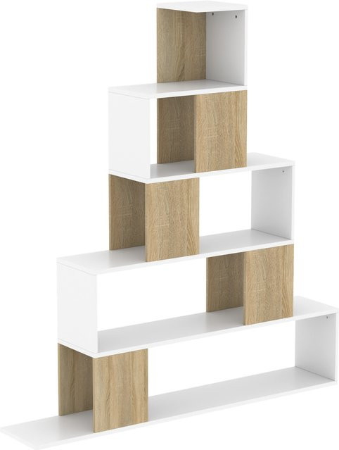 HOMCOM 5-stufiges Aufbewahrungsregal in geometrischem Design für Wohnzimmer, Schlafzimmer oder Büro, Weiß und Naturholz, B: 120 cm, T: 22 cm, H: 131,5 cm - Bild 1