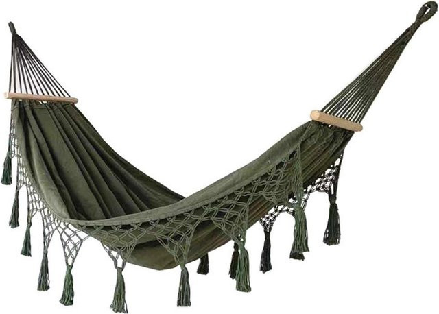 Chunlian Deluxe Doppelhängematte aus Baumwolle mit gewebten Quasten in Dunkelgrün, B/T/H: 200 x 150 cm - Bild 1