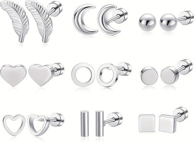 YIXI Ohrstecker, Edelstahl, Silber, Blatt, Mondkugel, Herz, Unisex - Bild 1
