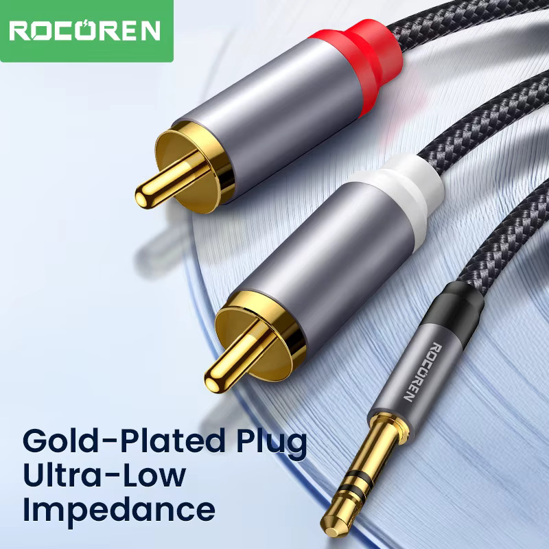 Rocoren Aux-Audiokabel 3,5-mm-Klinkenstecker auf 2 RCA-Adapter in Schwarz und Grau als Stecker-zu-Stecker-Verlängerungskabel und Splitter für TV-Box, Videoverstärker und Lautsprecher - Bild 4