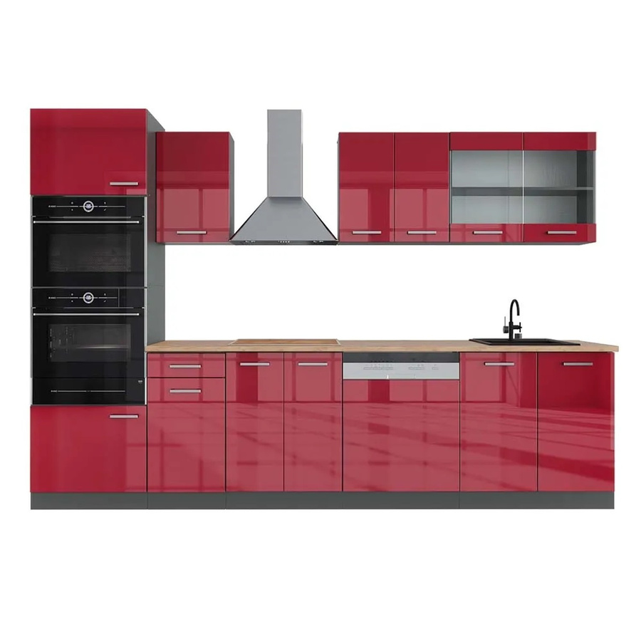 Vicco R-Line Küchenzeile Bordeaux Hochglanz und Anthrazit mit Hochschrank Eiche, Breite: 300 cm, Höhe: 207 cm, Tiefe: 60 cm - Bild 2