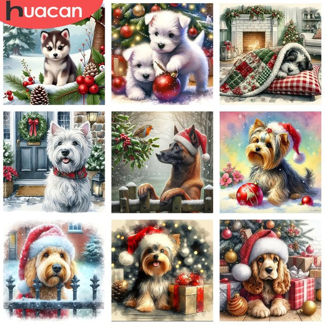 HUACAN Diamantmalerei Set Hund Weihnachten Winter Motiv, Runde Wanddekoration in Multicolour, Durchmesser: 20 cm - Bild 1