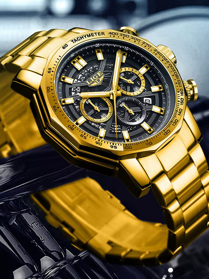 LIGE Chronograph Armbanduhr Edelstahl, Gold, Quarz, Herren - Bild 7