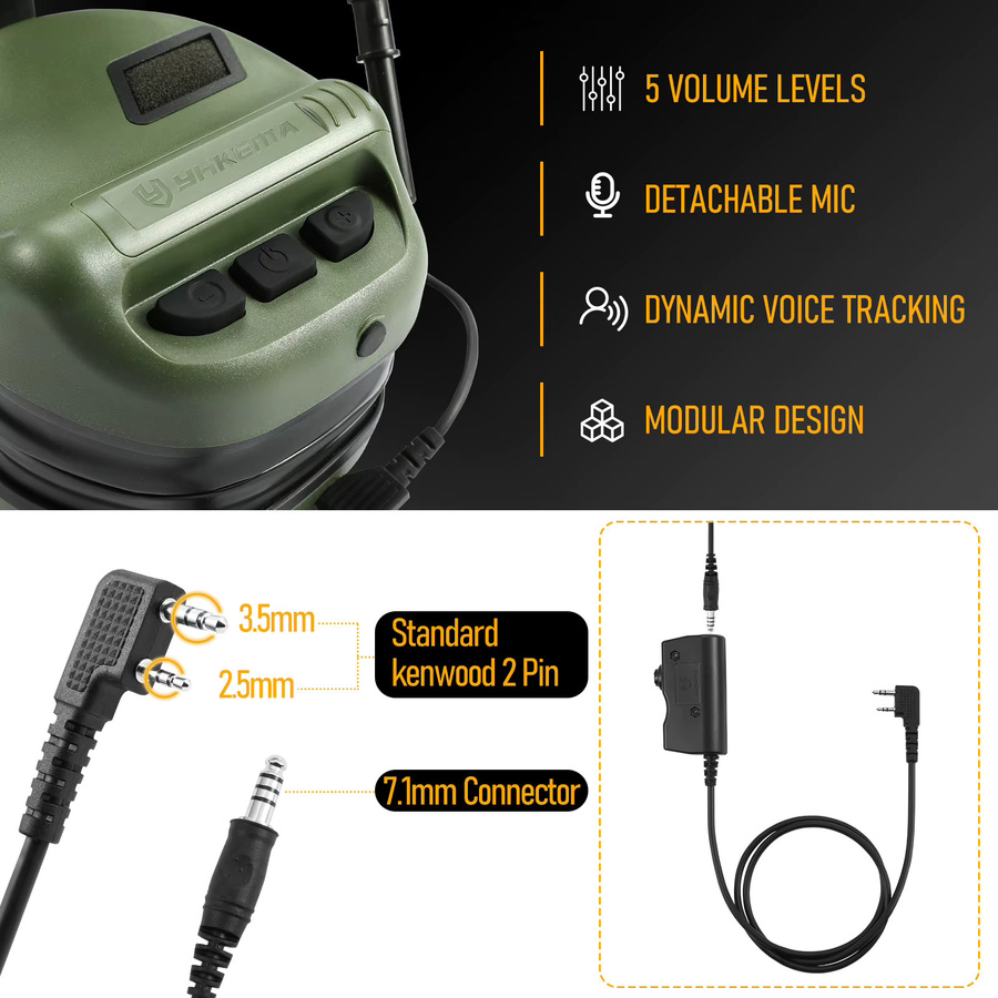 YHKEMA E70 Taktisches Schieß-Gehörschutz Headset mit Helm-ARC-Schienenadapter und Kenwood PTT-Adapter in Braun - Bild 4