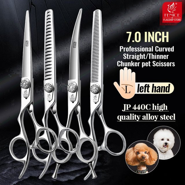 Fenice JP440C Professionelles 7-Zoll-Scheren-Set für die linke Hand in Silber aus Edelstahl mit gerade, gebogen, Chunker und Effilierschere für die Hundepflege - Bild 1