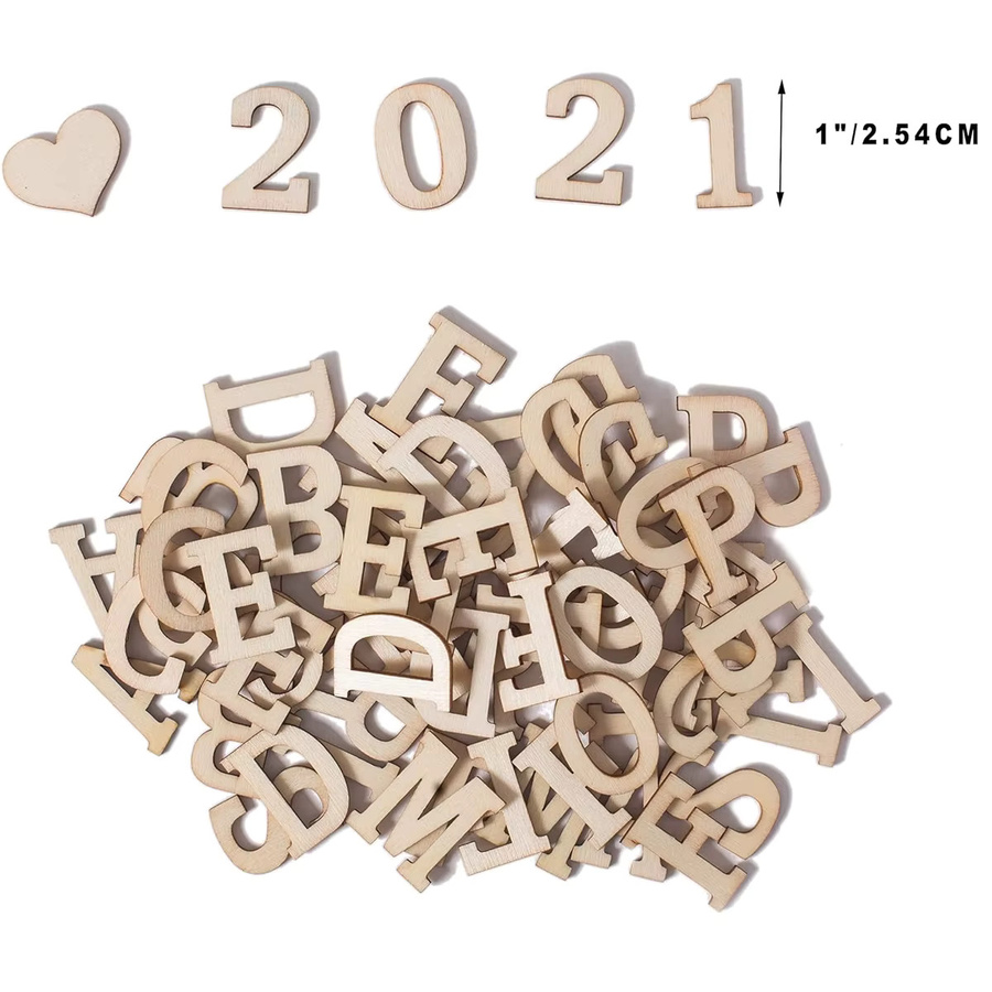 270 Stück Holz-Alphabet-Buchstaben und Holzzahlen in Gelb, Mini-Rohlinge mit Symbolen wie Herz, Stern und Pfote zur Gestaltung, Größe: 2,5 cm - Bild 2