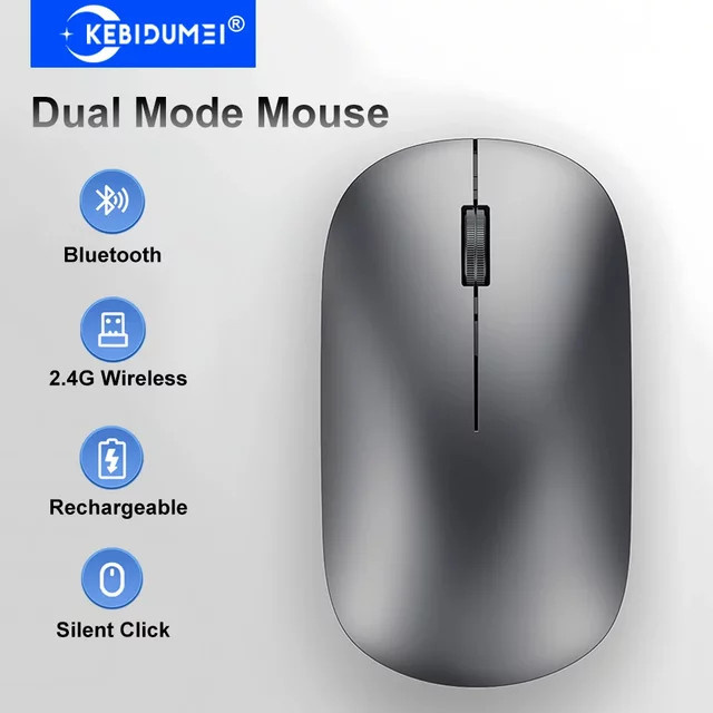 Kebidumei Dual-Modus Kabellose Maus mit Bluetooth und 2,4G, Wiederaufladbare Gaming- und Büromaus mit Silent-Tasten in Grau - Bild 1