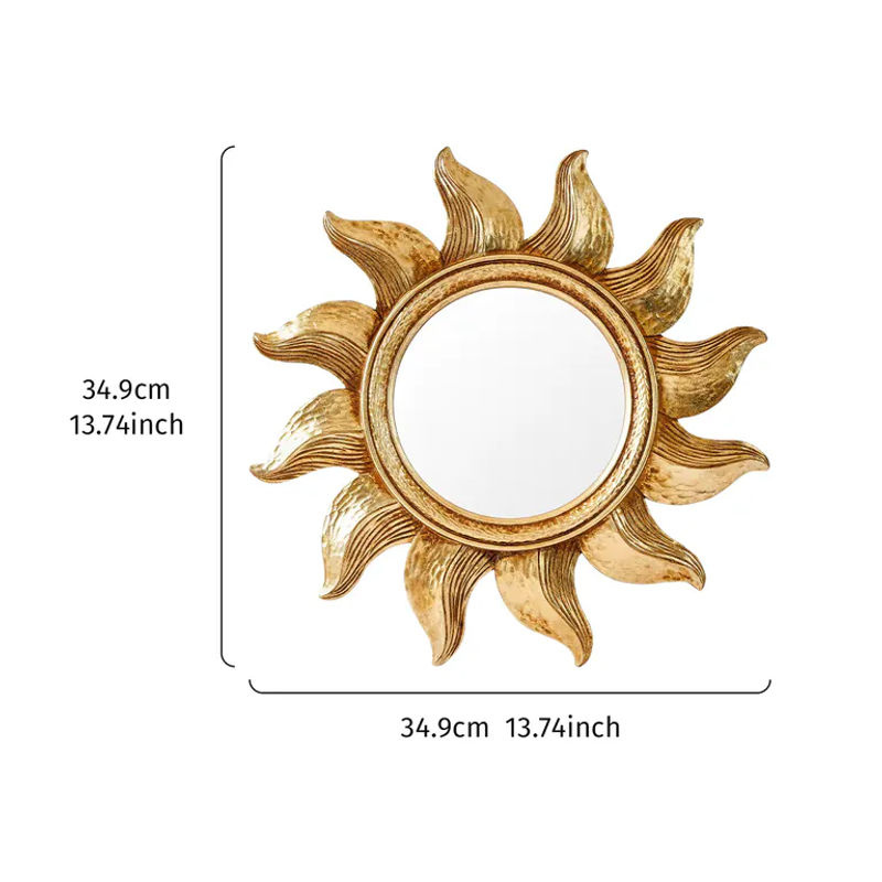 Runder dekorativer Hängespiegel mit goldener Sonnenblume aus Metall und Glas in modernem floralem Design - Bild 3