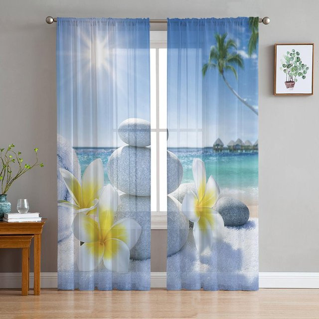 Transparenter Zen Stones Voile-Fenstervorhang mit Orchideen, Bambus und Naturmotiv in Grün, Breite: 100 cm, Höhe: 250 cm - Bild 1