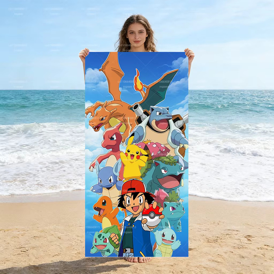 Pokemon Ash & Starter Team Strandtuch mit Charizard, Pikachu und Squirtle, Mikrofaser-Handtuch in Multicolour, schnell trocknend und sandfrei - Bild 5