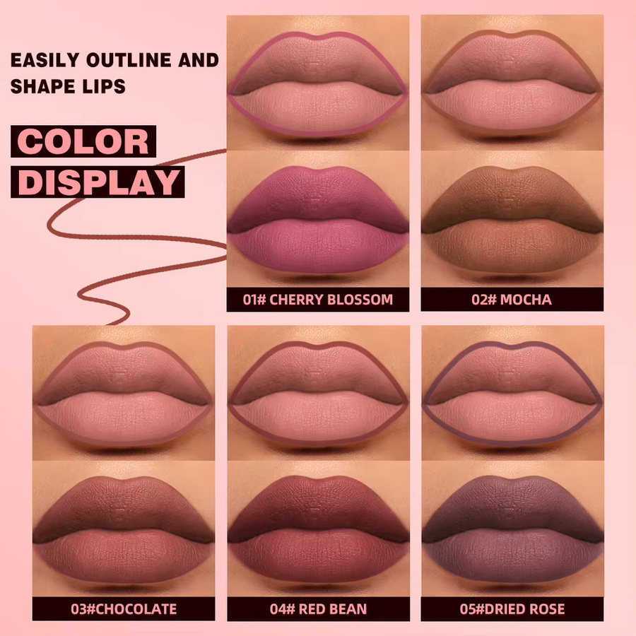 QIBEST Lippenstift und Lipliner, 5 Farben, Nude, Matt - Bild 3