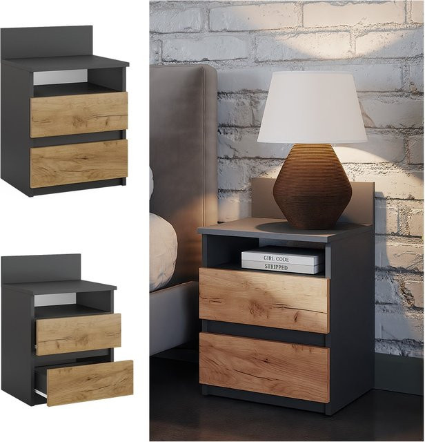 Vicco Nachttisch Monty in Anthrazit Eiche mit 2 Schubfächern, B: 39,6 cm, T: 39,6 cm, H: 59,1 cm - Bild 1