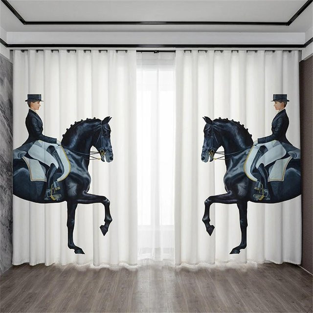 Yiran Furniture Vorhang mit Pferdemuster in Weiß, 2 Paneele, semi-transparent, Polyester, B: 50 cm, H: 130 cm - Bild 1