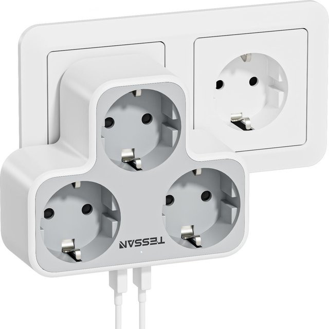 TESSAN Mehrfachsteckdosenleiste mit 3 AC-Steckdosen und 2 USB-Anschlüssen in Grau mit Überlastschutz - Bild 1