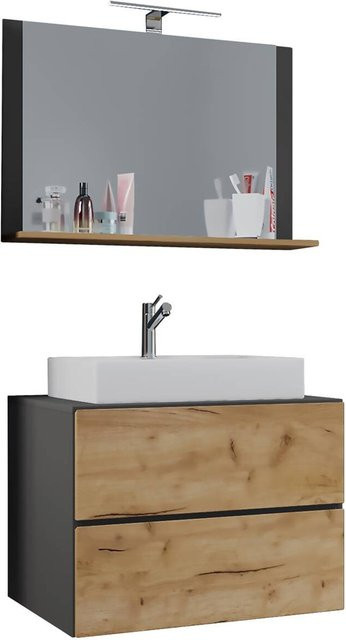 VCM Möbel Waschplatz Lendas 3-teilig in Weiß Eiche Honig Nachbildung und Anthrazit mit Keramik-Waschbecken, Unterschrank mit zwei Schubladen und Spiegel mit Ablage, B/H/T: 60 x 52 x 52 cm - Bild 1