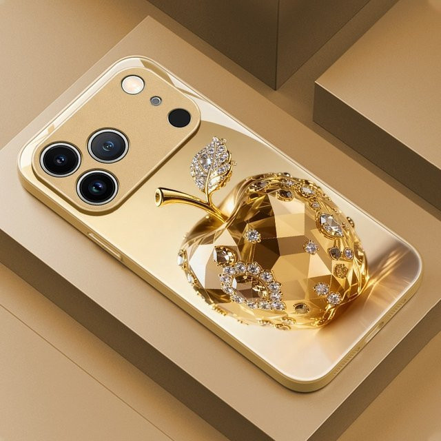 Luxuriöse Schutzhülle mit Apple-Muster aus goldmetallic lackiertem Glas für iPhone 18 17 16 15 14 13 12 11 Pro Max Plus und 17Air in Gold - Bild 1