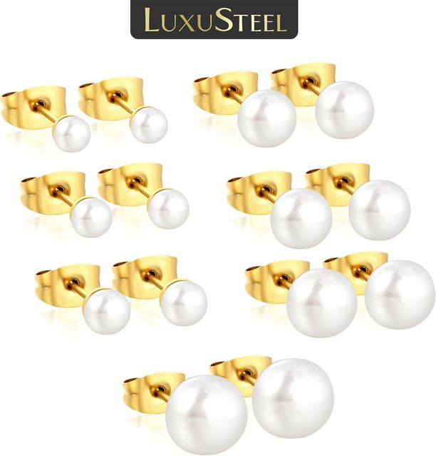LUXUSTEEL Ohrstecker-Set, Edelstahl, 18 Karat vergoldet, Perlen, Damen - Bild 1