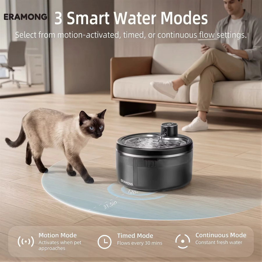 LABEKA Kabelloser Katzenwasserbrunnen mit intelligentem Sensor und 4000mAh Akku, wiederaufladbarer Edelstahl Haustier-Wasserspender, Schwarz oder Silber - Bild 2