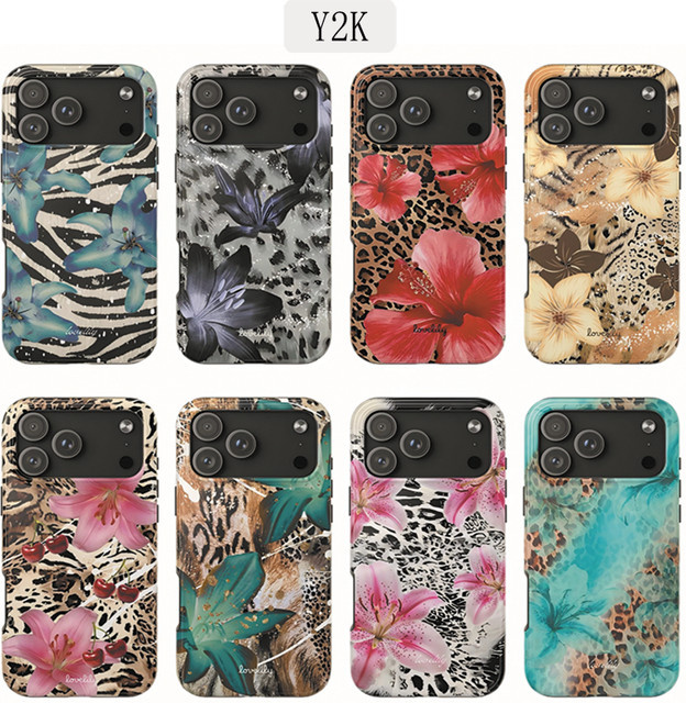 Doppelschichtige Handyhülle im Y2K Leopardenmuster und Blumen-Design für iPhone 11 bis iPhone 17 Pro Max in Multicolour - Bild 1