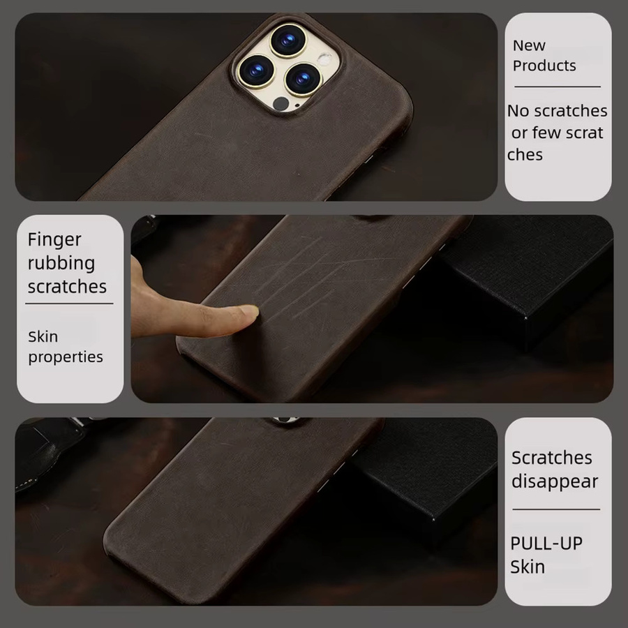 Langsidi Rindsleder Handyhülle für iPhone 16 15 14 13 Pro Max Retro Design aus echtem Pull-up Leder in Braun - Bild 2