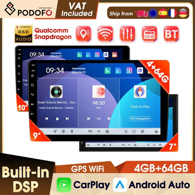 Podofo Autoradio mit 9 Zoll IPS-Bildschirm, 8-Kern Prozessor, 4+64G Speicher, GPS, Bluetooth, WIFI, kabelloses CarPlay und Android Auto, Schwarz - Bild 1