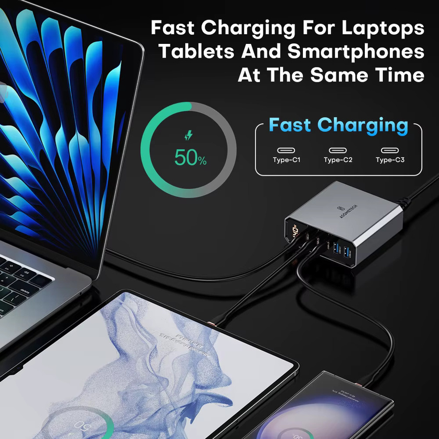ASOMETECH 140W 5in1 Desktop USB-C Schnellladegerät mit LED-Display, PD 3.0, QC 4.0 und PPS für iPhone 15 und MacBook - Bild 3