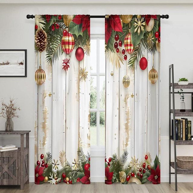 2er-Set Weihnachtskugel Holz Motiv Vorhänge, Weiß, B: 150 cm, H: 166 cm - Bild 1