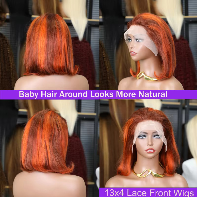 Luxexuan Bob-Perücke, 100% Echthaar, Ingwer-Orange, 200% Dichte - Bild 2