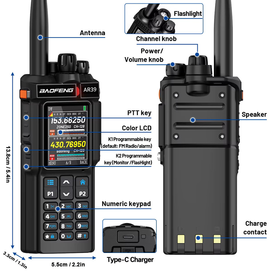 BAOFENG AR-39 Walkie-Talkie in Schwarz mit Multiband-Funktion, AM-Radio und Spotlight-Taschenlampe - Bild 6