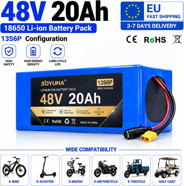 48V 20Ah E-Bike Akku 13S6P mit 18650 Lithium-Ionen-Zellen und Smart BMS für Elektrofahrräder und Elektroroller in Blau - Bild 1