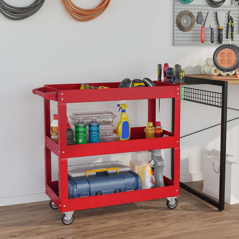 DURHAND Werkstattwagen aus Stahl mit 3 Etagen in Rot, Transportwagen mit 4 Rollen und seitlichem Griff, Tragkraft bis 150 kg, B/T/H: 83 x 35,3 x 76 cm - Bild 2