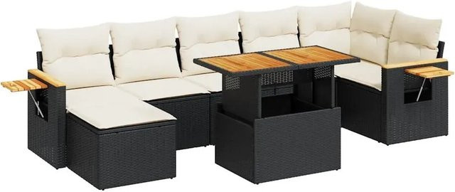 vidaXL 8-tlg Garten-Sofagarnitur in L-Form aus Poly-Rattan und Akazienholz mit Kissen in Schwarz-Creme - Bild 1