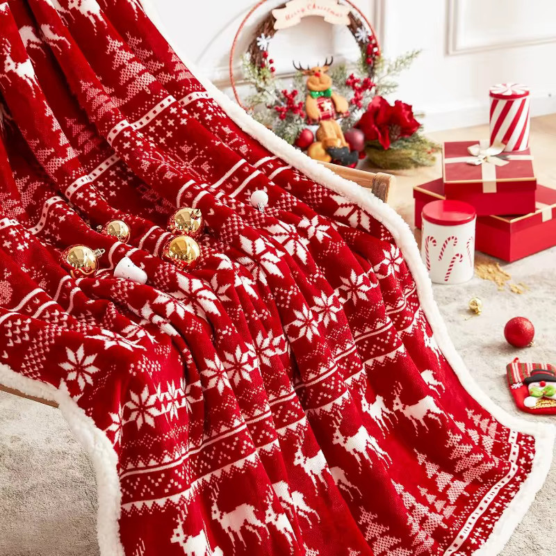 Touchat Weihnachts-Überwurfdecke in Rot, flauschige Sherpa-Flanell-Decke mit norwegischem Ethno-Design für Bett und Sofa - Bild 2