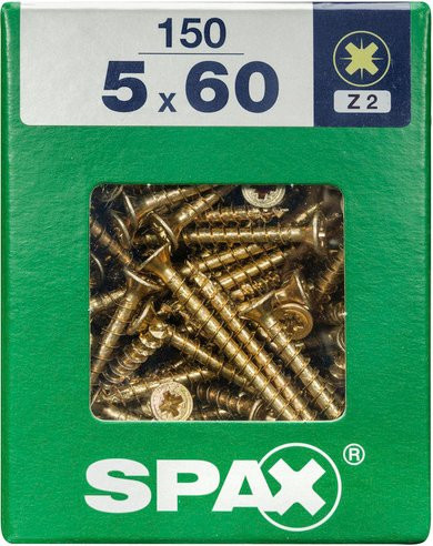 Spax Universalschraube Pozidriv PZ2 aus Stahl in Gold, 150 Stück, Durchmesser: 5 mm, Länge: 60 mm - Bild 1