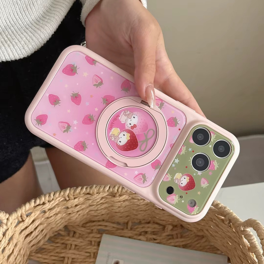 Korea Star Hello Kitty Handyhülle mit Erdbeer-Design und Linsenschutz für Apple iPhone 17 16 15 Pro Max in Pink mit magnetischer Halterung und stoßfestem Schutz - Bild 4
