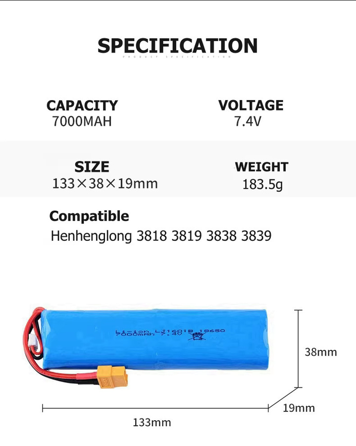 GAOLAG LiPo Akku 7,4 V 7000mAh mit L-2P Stecker für Heng Long RC Tanks und Spielzeugautos in Blau - Bild 2
