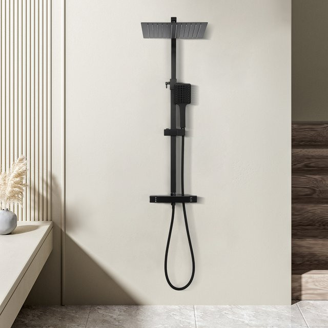 Thermostatisches Duschset in Matt Schwarz mit Kopfbrause und Handbrause, wandmontiert - Bild 1
