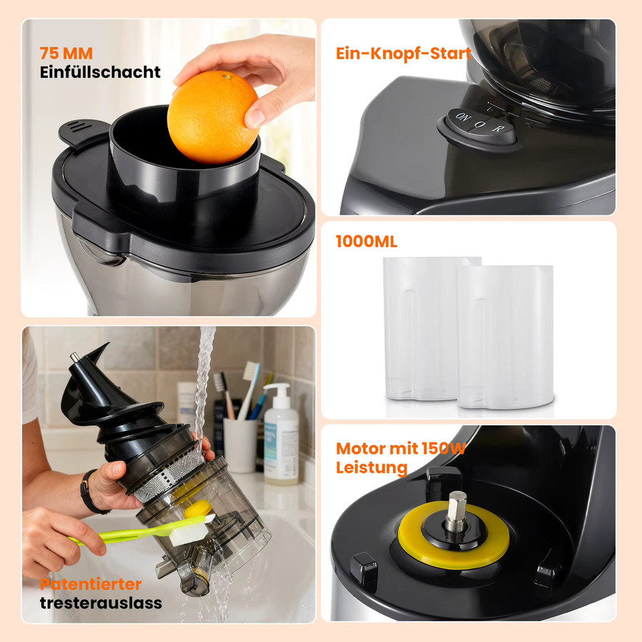 Aiorber Slow Juicer Kaltentsafter für Obst und Gemüse, 150W Profi-Entsafter mit 75mm Einfüllschacht, BPA-frei, Schwarz - Bild 4