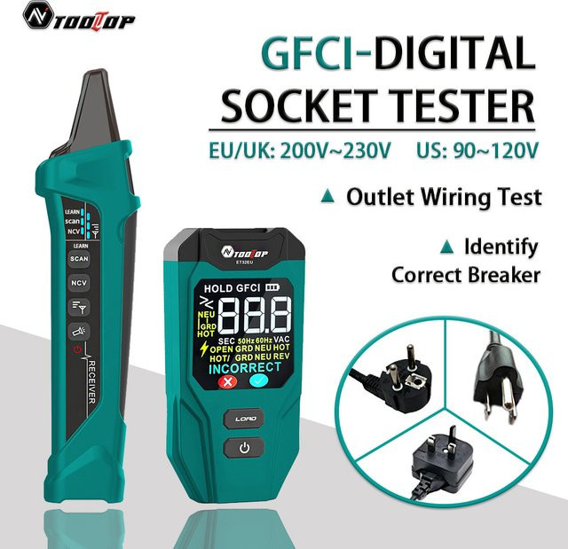 TOOLTOP ET32 Digitaler Stromkreisfinder mit Neutral- und Stromführender Leitungserkennung sowie GFCI-Steckdosentester für US/EU/UK-Steckdosen und Spannungsmessung - Bild 1