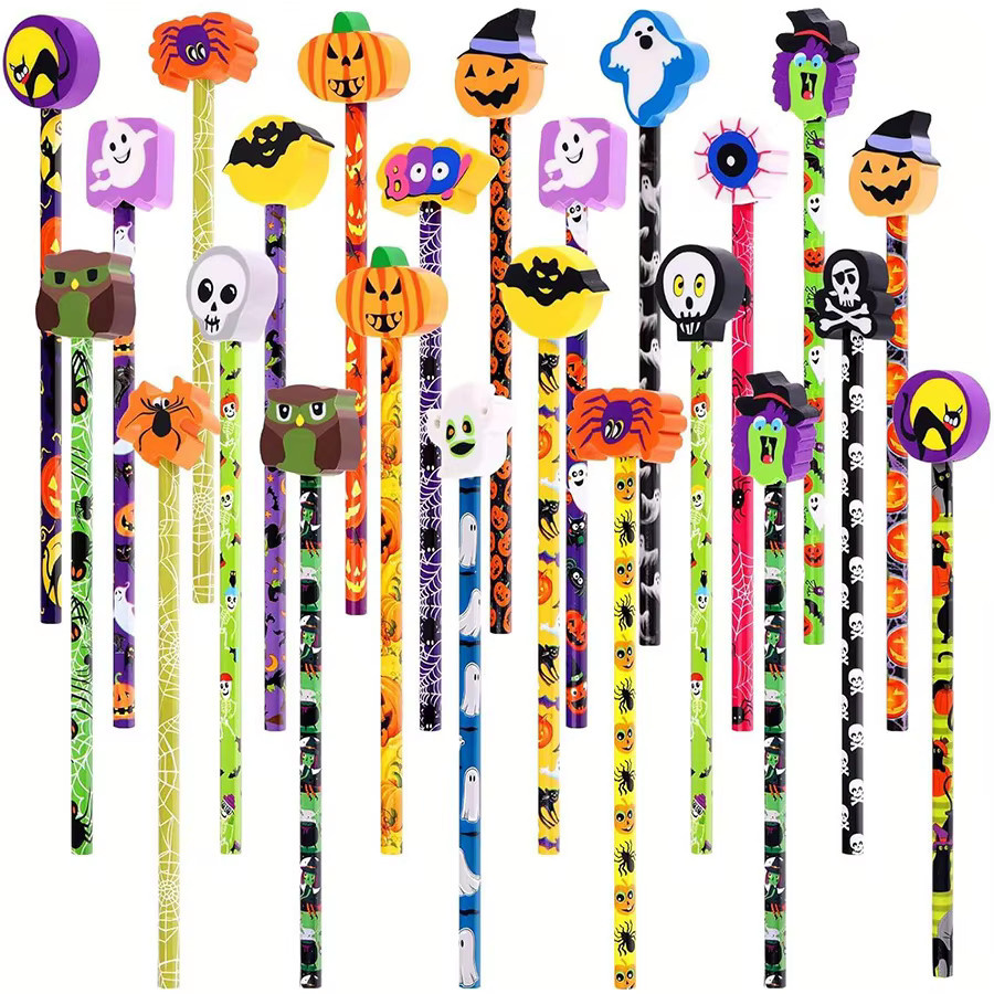 JXB 12er Set Halloween-Partystifte mit Radiergummis in Multicolour mit Kürbis, Fledermaus, Skelett und Spinne Motiven - Bild 4