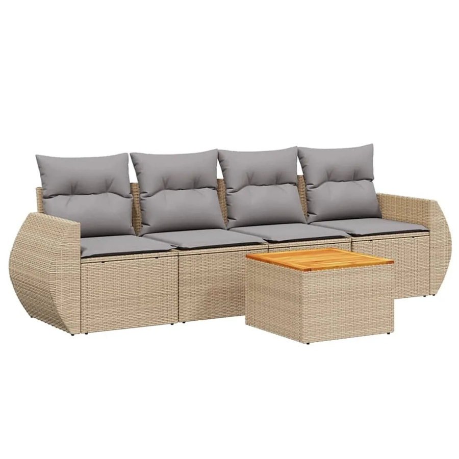 vidaXL 5-teilige Garten-Sofagarnitur aus Poly-Rattan und Akazienholz in Beige-Grau mit Kissen - Bild 2